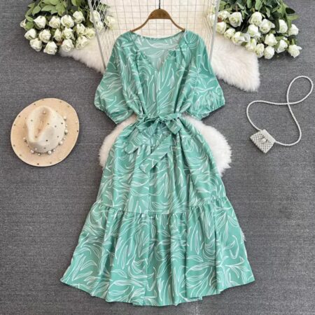 Leaf Print Midi Dress - Women's Summer Casual Dress