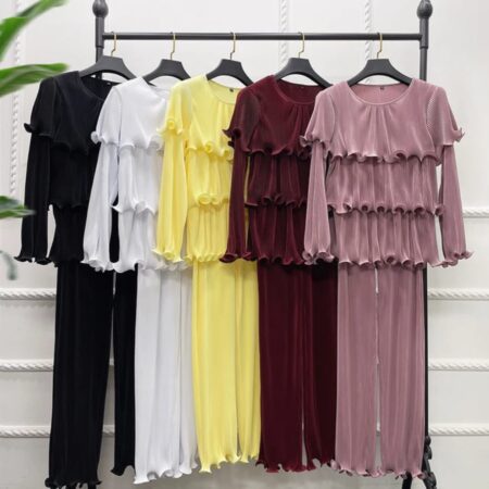 Elegant Pleated Ruffle Long Sleeve Top & Trouser - 2-Piece Set for Women