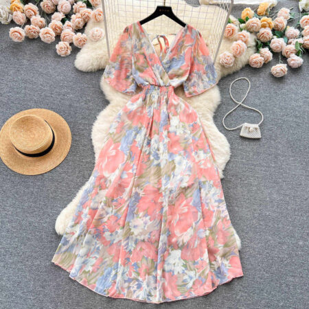 Elegant Floral Chiffon Midi Dress - Flowy Summer V-Neck Boho Style
