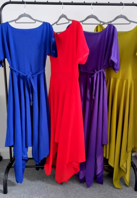 Asymmetric Hem Midi Dress – Elegant Fit & Flare Style with Waist Belt